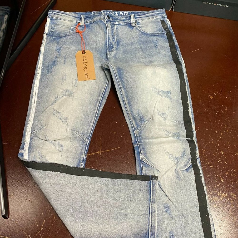 Kilogram Mens Blue Distressed Medium Wash Straight Leg Denim Jeans Size 36 42